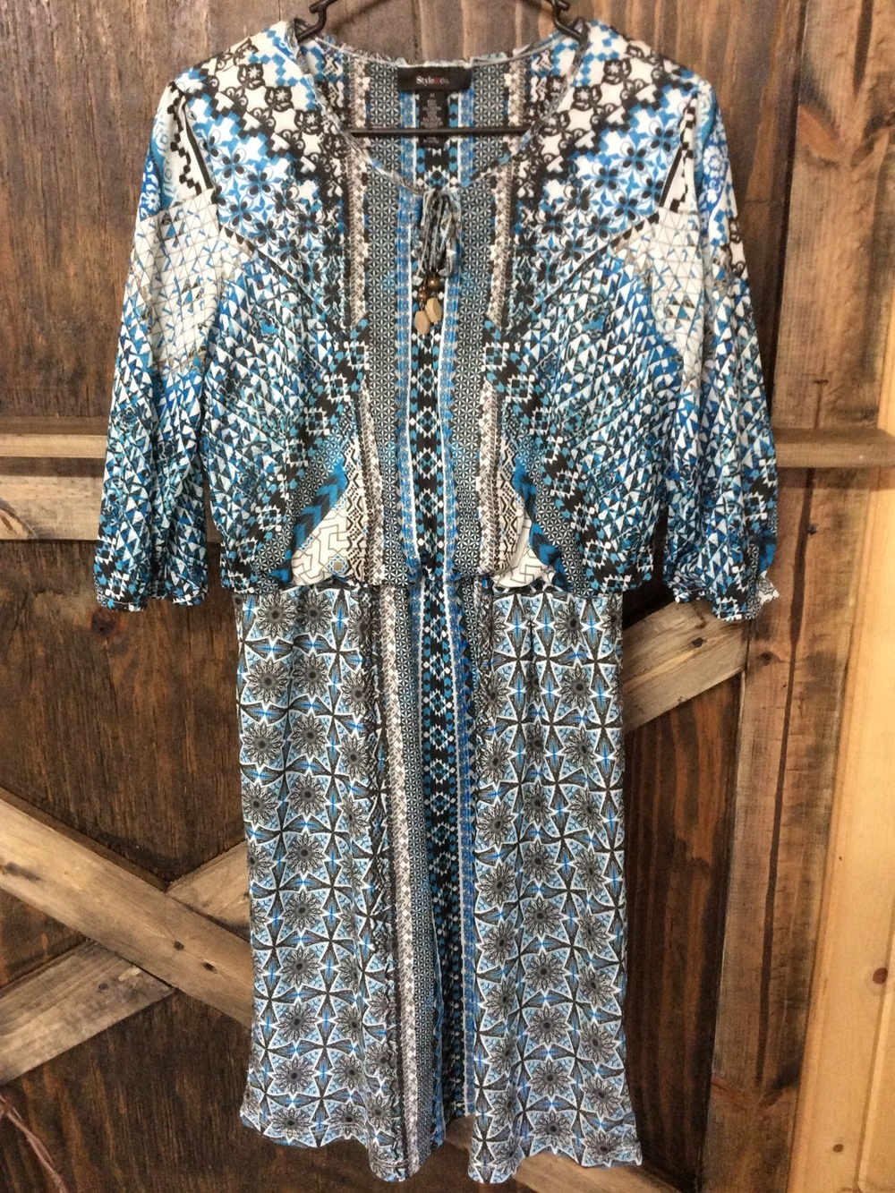 Style & Co. Blue and White Printed Midi Dress with Tie Neck